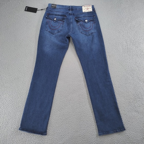 True Religion Ricky Relax Straight Jeans Mens 32x34 Blue Flap Pocket Stretch NWT - Picture 2 of 16